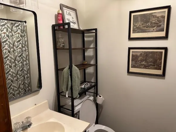 a bathroom with a toilet sink and mirror