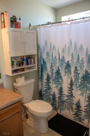 a bathroom with a toilet and a shower curtain