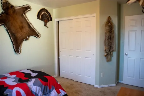 a bedroom with a bed and a walk in closet