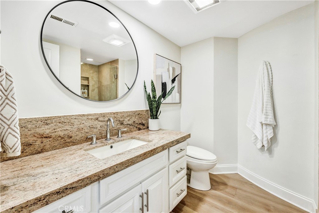 32041 Point Place Laguna Beach, CA 92651 - Photo 35 of 49 a bathroom with a granite countertop toilet a sink and a mirror