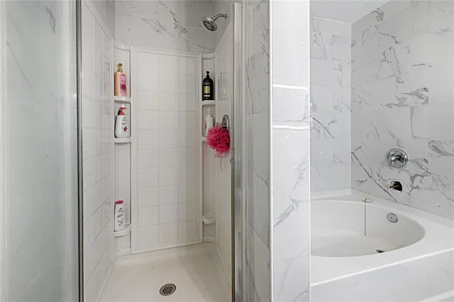 a bathroom with a bathtub and a shower