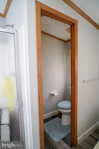 a bathroom with a toilet and a shower