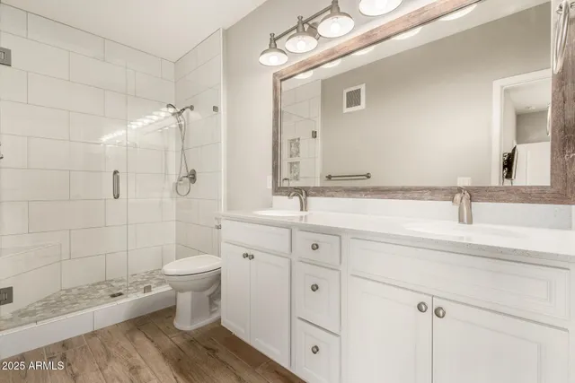 a bathroom with a double vanity sink toilet and shower