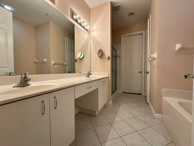 a bathroom with a double vanity sink mirror and a bathtub