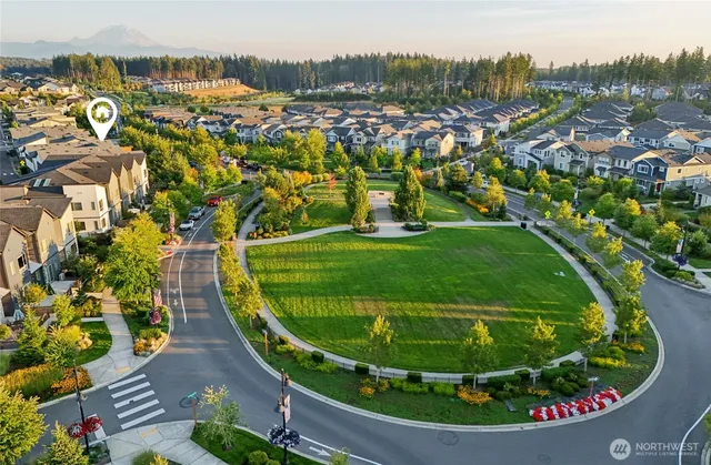 an aerial view of residential houses with outdoor space and trees