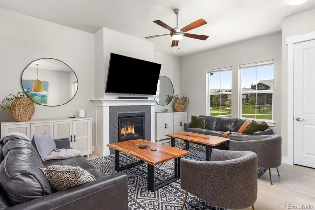 a living room with furniture a fireplace and a flat screen tv