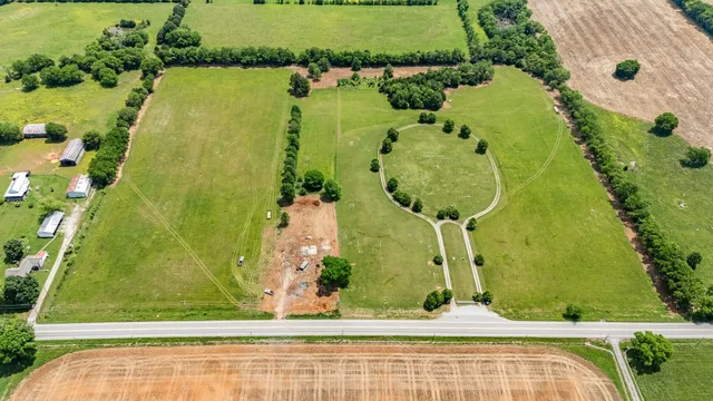 an aerial view of a swimming pool