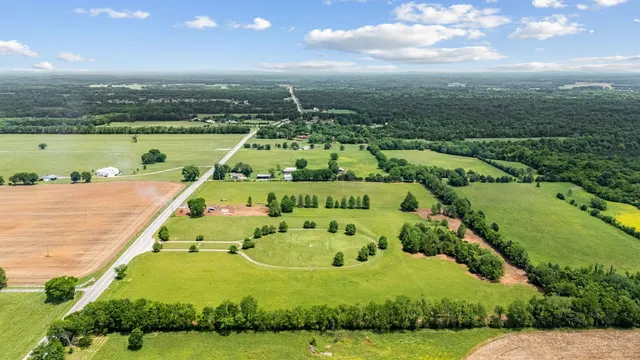 an aerial view of a residential houses with outdoor space and trees