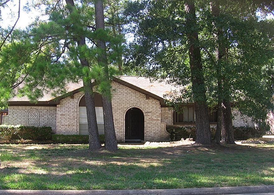 a view of a yard with a barn and a large tree