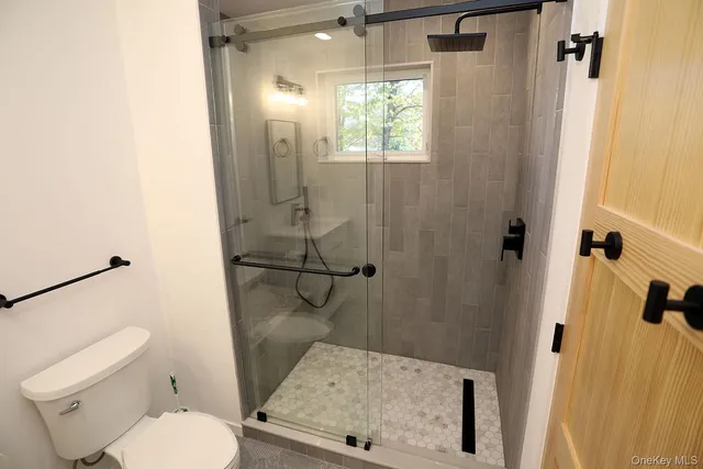 a bathroom with a toilet and a shower