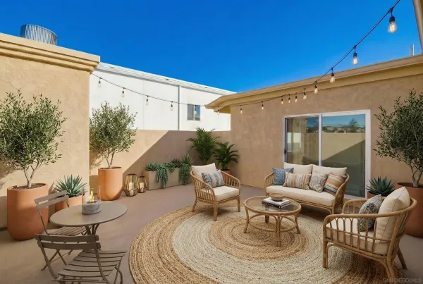 a view of a patio with couches table and chairs and potted plants