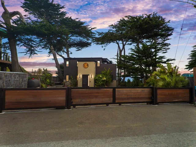 a view of a backyard with plants and a patio