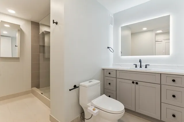 a bathroom with a toilet a sink a mirror and vanity