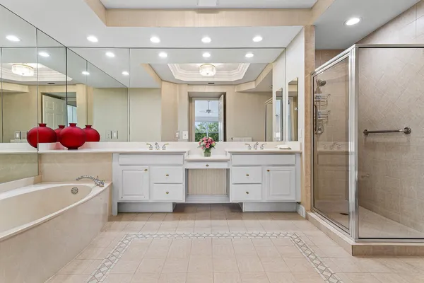 a bathroom with a tub sink shower and mirror