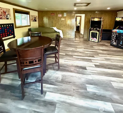 a view of a dining room with furniture