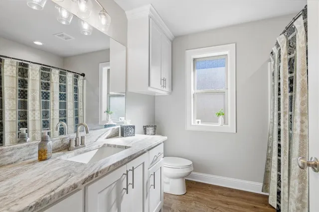 a bathroom with a granite countertop sink toilet and shower