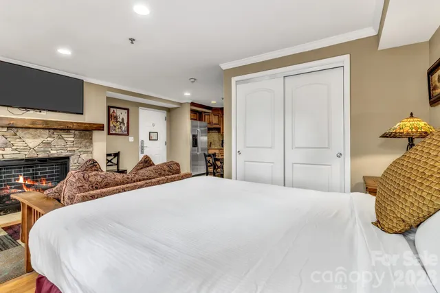 a living room with furniture a fireplace and a floor to ceiling window