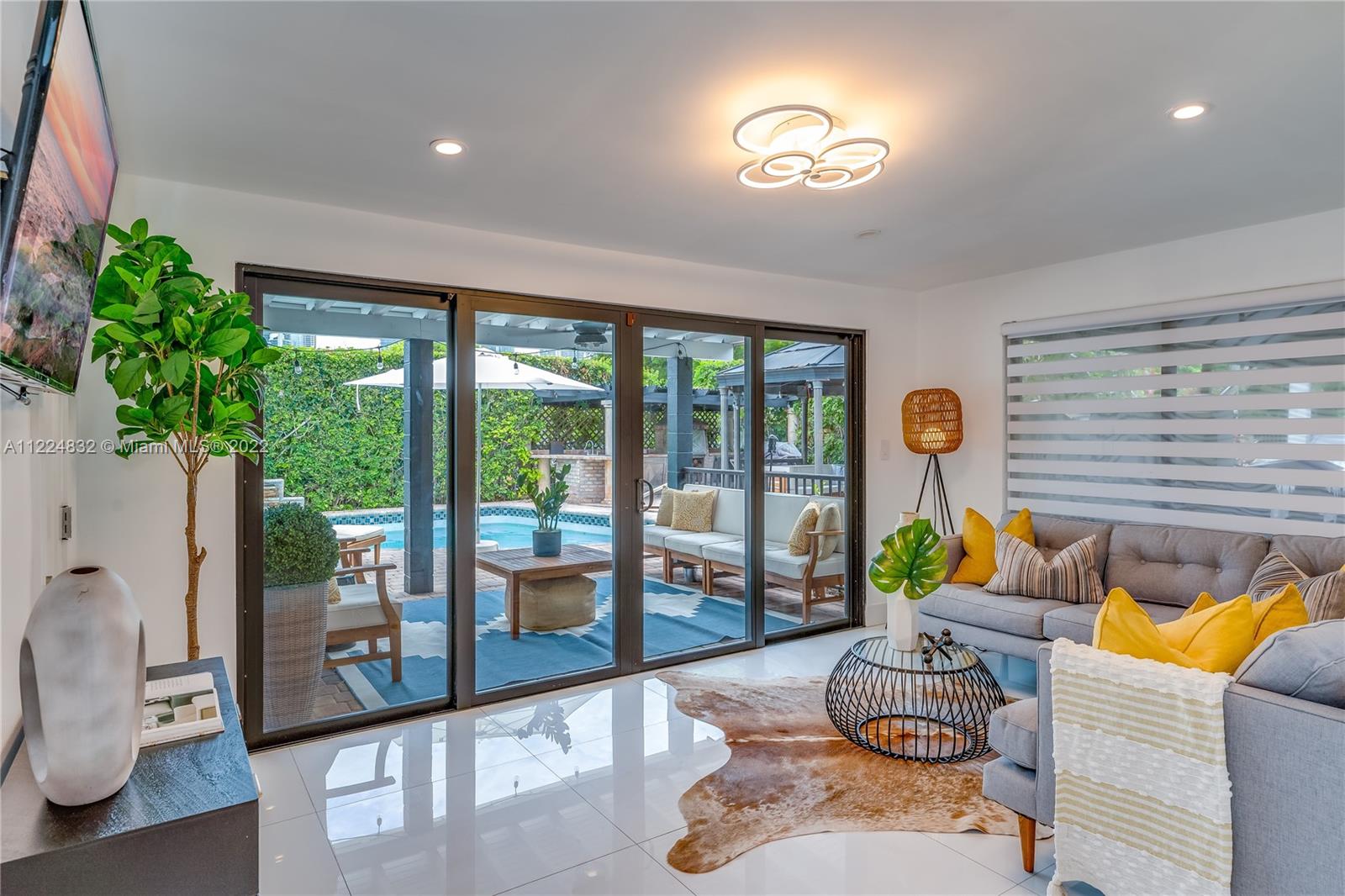 a living room with furniture and a potted plant