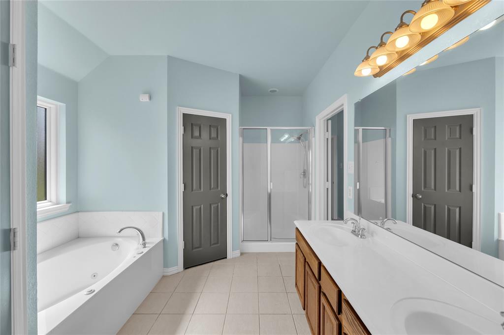 16055 Prairie Meadow Forney, TX 75126 - Photo 9 of 33 a bathroom with a tub a sink and a large mirror