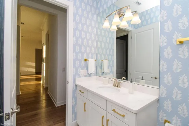 a bathroom with a sink vanity and a mirror