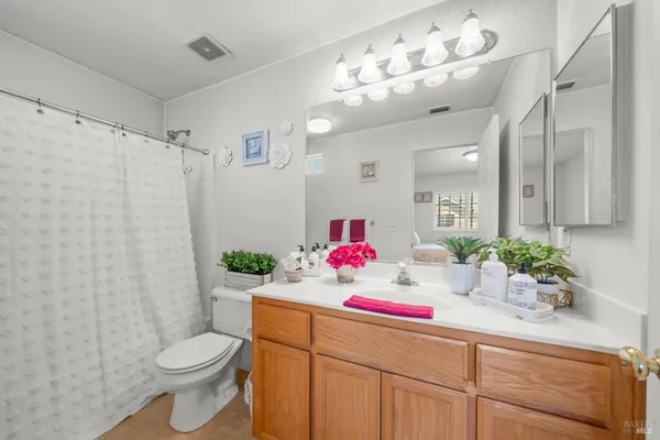 a bathroom with a sink vanity mirror and toilet