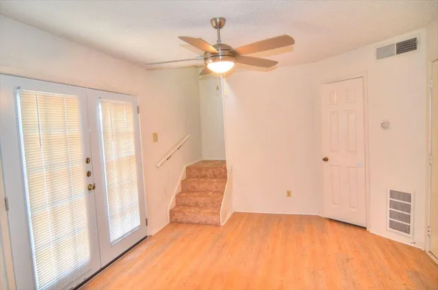 a potted plant in front of a door