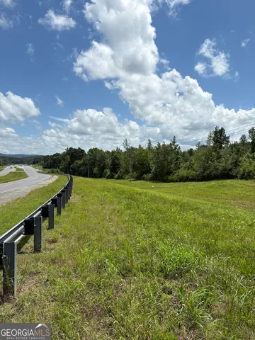 a view of a field with trees in the background