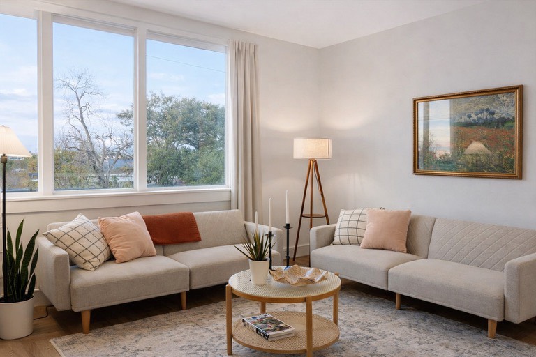 a living room with furniture and a large window