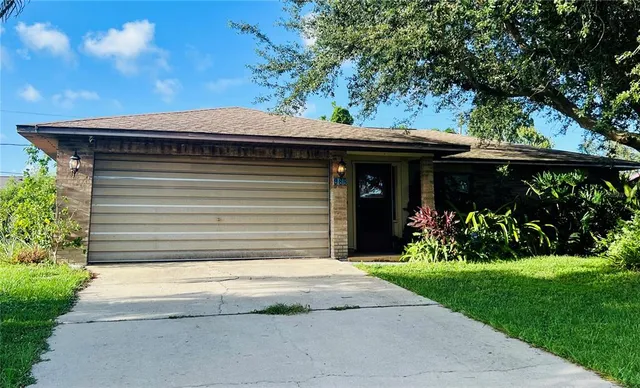 a view of a house with a yard plants and large tree