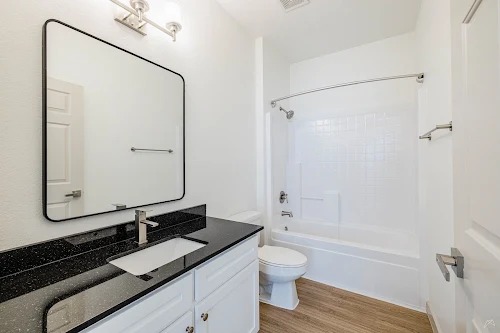 11908 Anderson Mill Road, Unit 421 Cedar Park, TX 78613 - Photo 20 of 21 a bathroom with a granite countertop sink toilet and shower