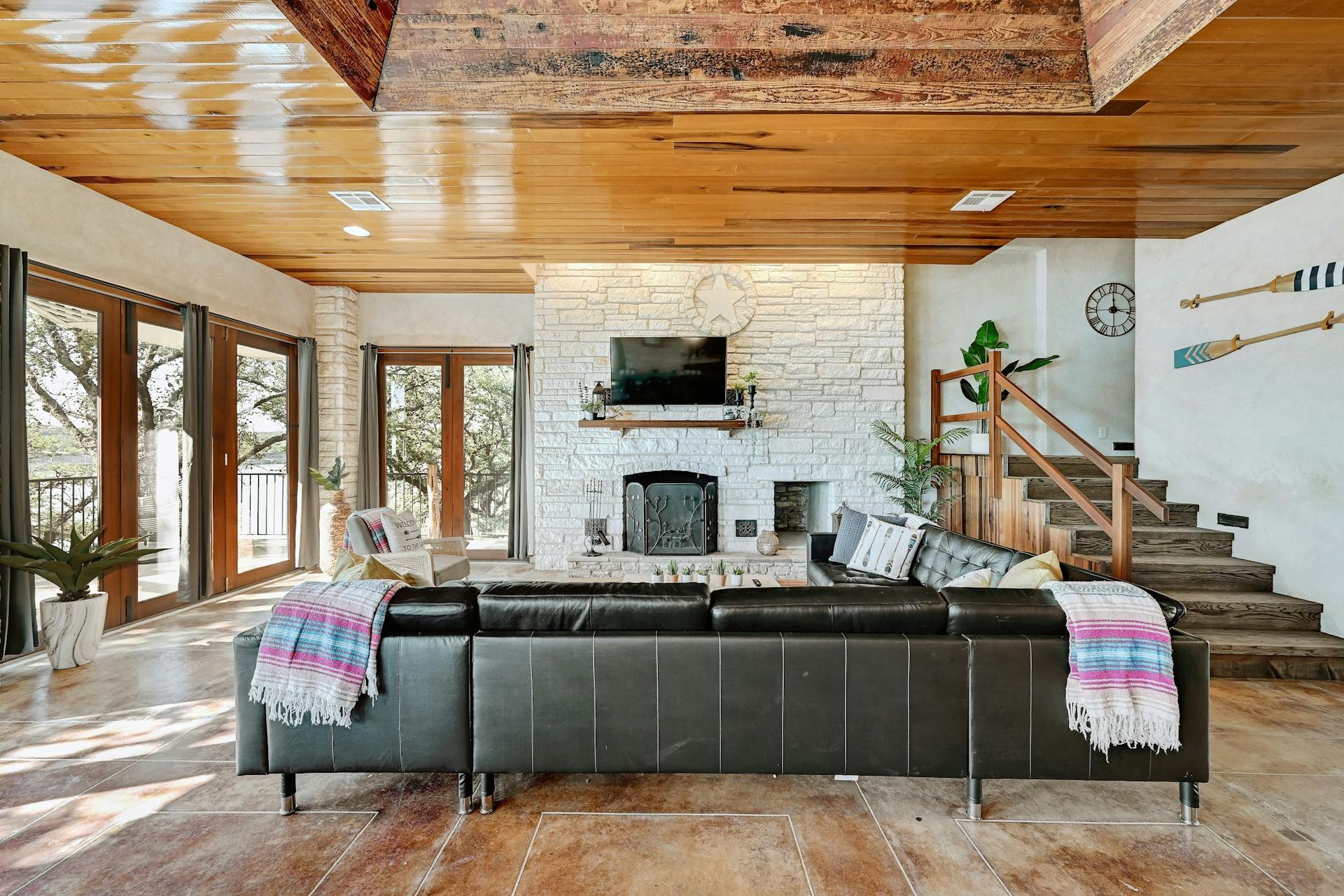 6021 Circle J Road Marble Falls, TX 78654 - Photo 21 of 39 Living area with wooden ceiling and a fireplace