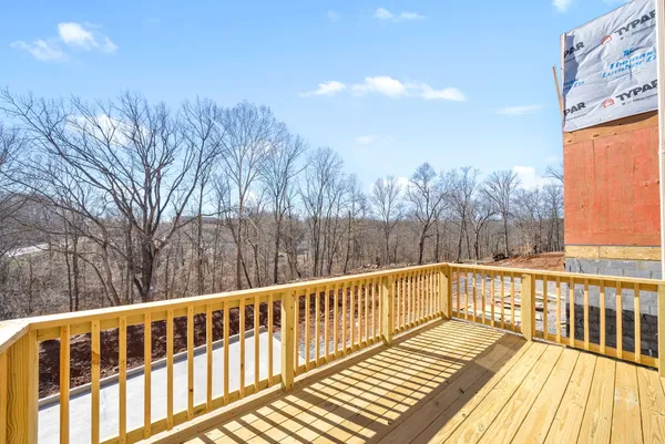 a view of balcony with wooden floor and fence