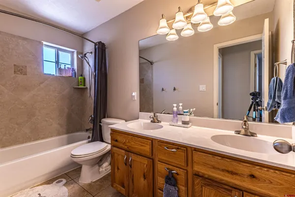 a bathroom with a sink a toilet a mirror a bathtub and shower