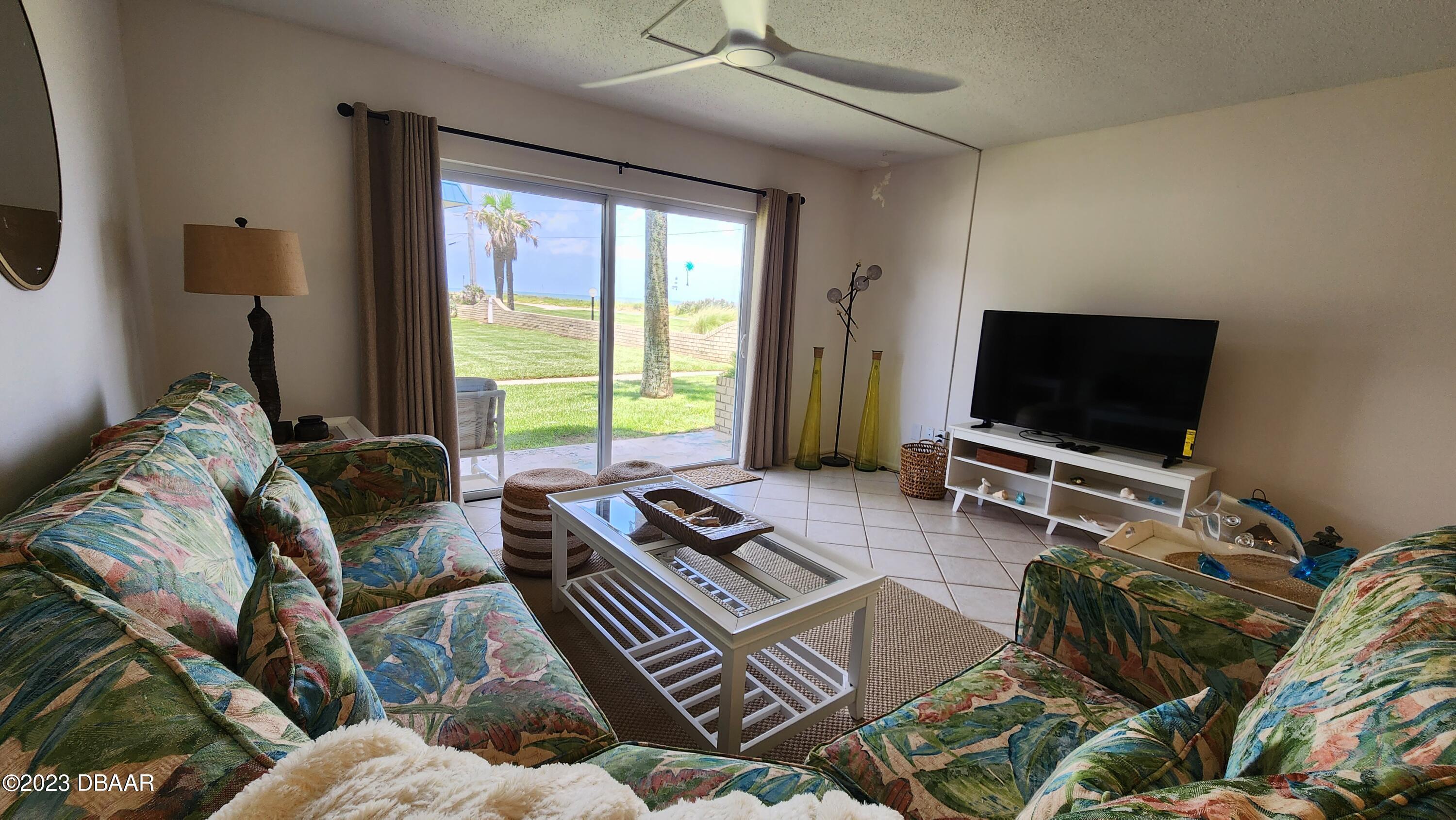2750 Ocean Shore Boulevard, Unit 8 Ormond Beach, FL 32176 - Photo 40 of 60 a living room with furniture and a flat screen tv