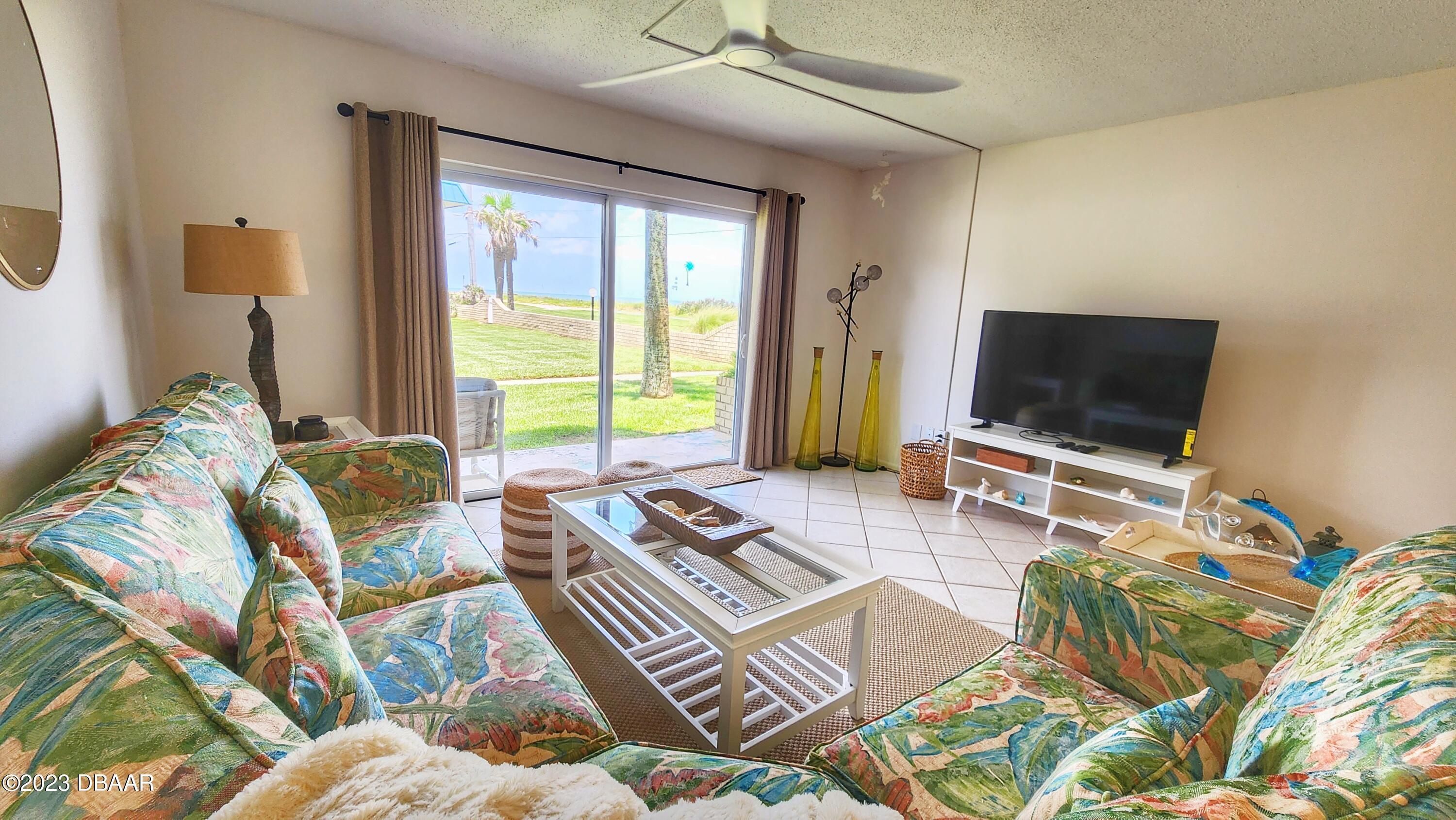 2750 Ocean Shore Boulevard, Unit 8 Ormond Beach, FL 32176 - Photo 41 of 60 a living room with furniture and a flat screen tv