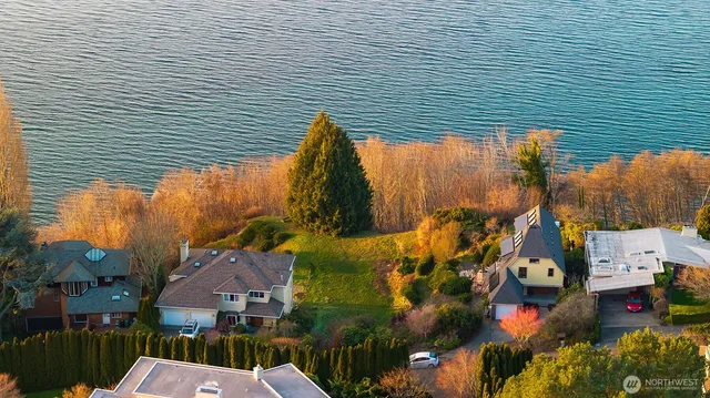 an aerial view of a house with a lake view