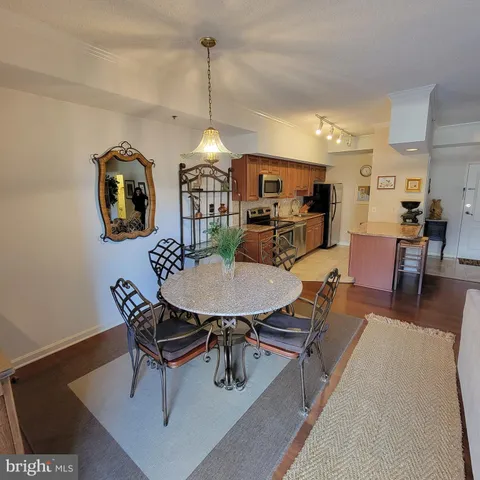 a view of a dining room with furniture