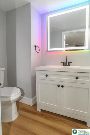 a bathroom with a sink vanity mirror and toilet