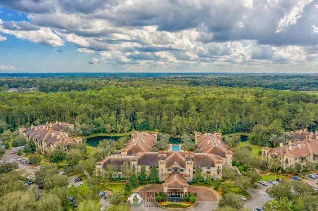 a view of a lake in middle of the town