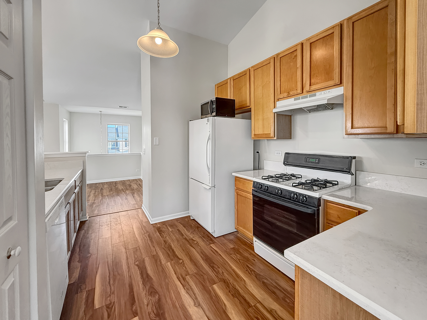 3078 Falling Waters Lane, Unit 3078 Lindenhurst, IL 60046 - Photo 8 of 19 a kitchen with granite countertop a refrigerator a stove and wooden floor