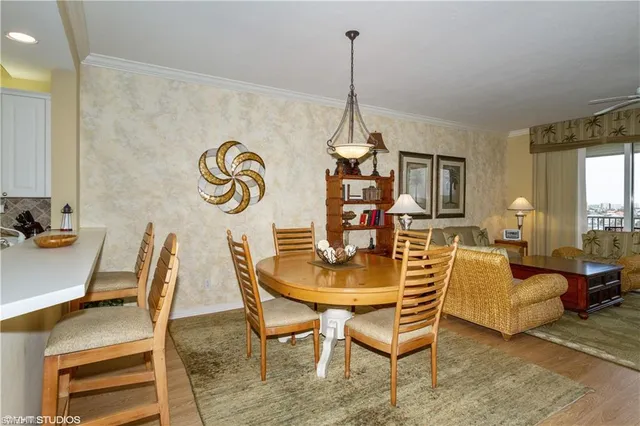a view of a dining room with furniture