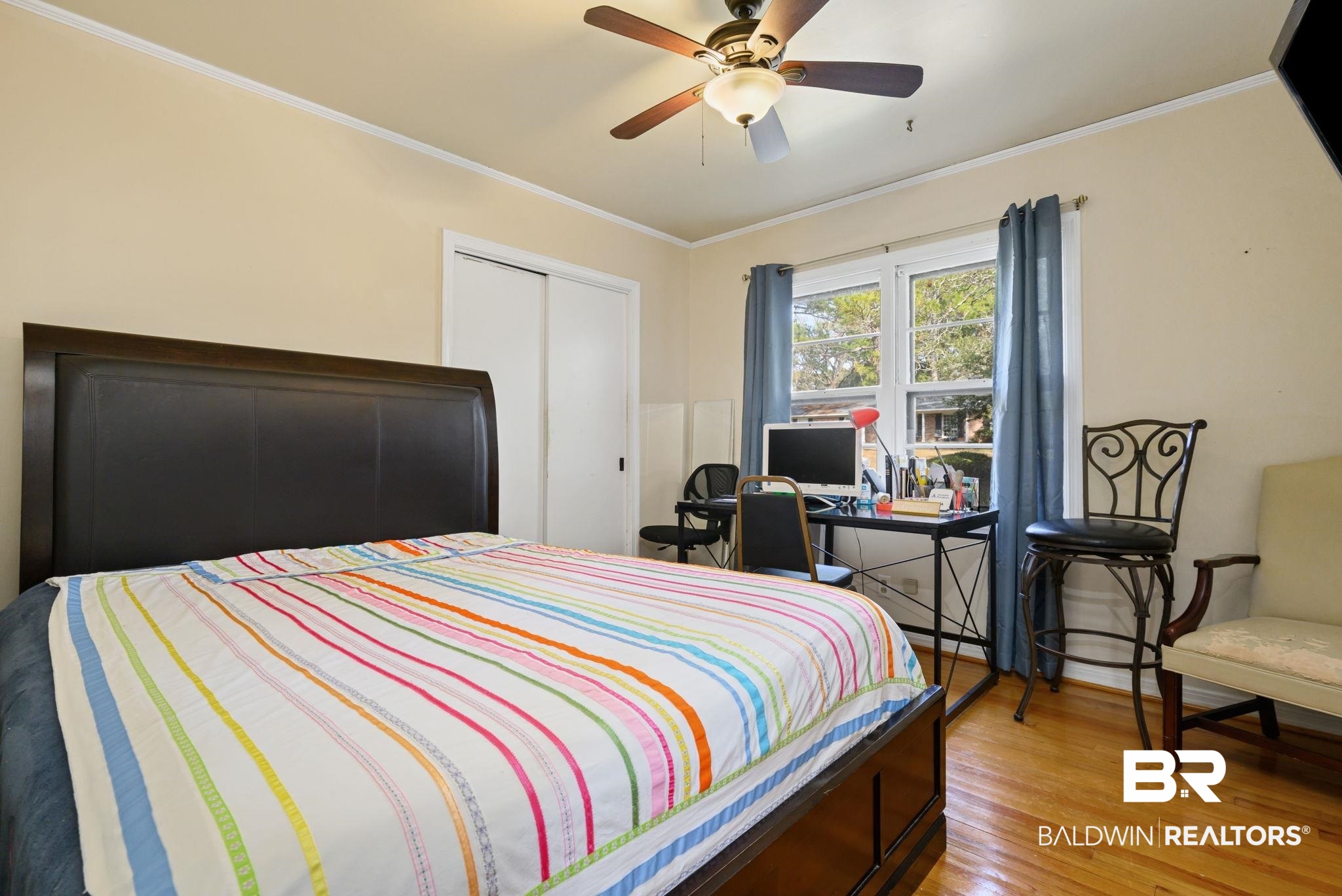 4105 Libby Drive Mobile, AL 36693 - Photo 14 of 26 Bedroom with wood-type flooring, ceiling fan, crown molding, and a closet