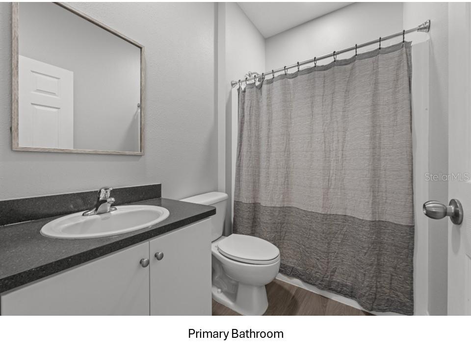 8516 Corinthian Way New Port Richey, FL 34654 - Photo 10 of 24 a bathroom with a sink a toilet a mirror and shower curtain