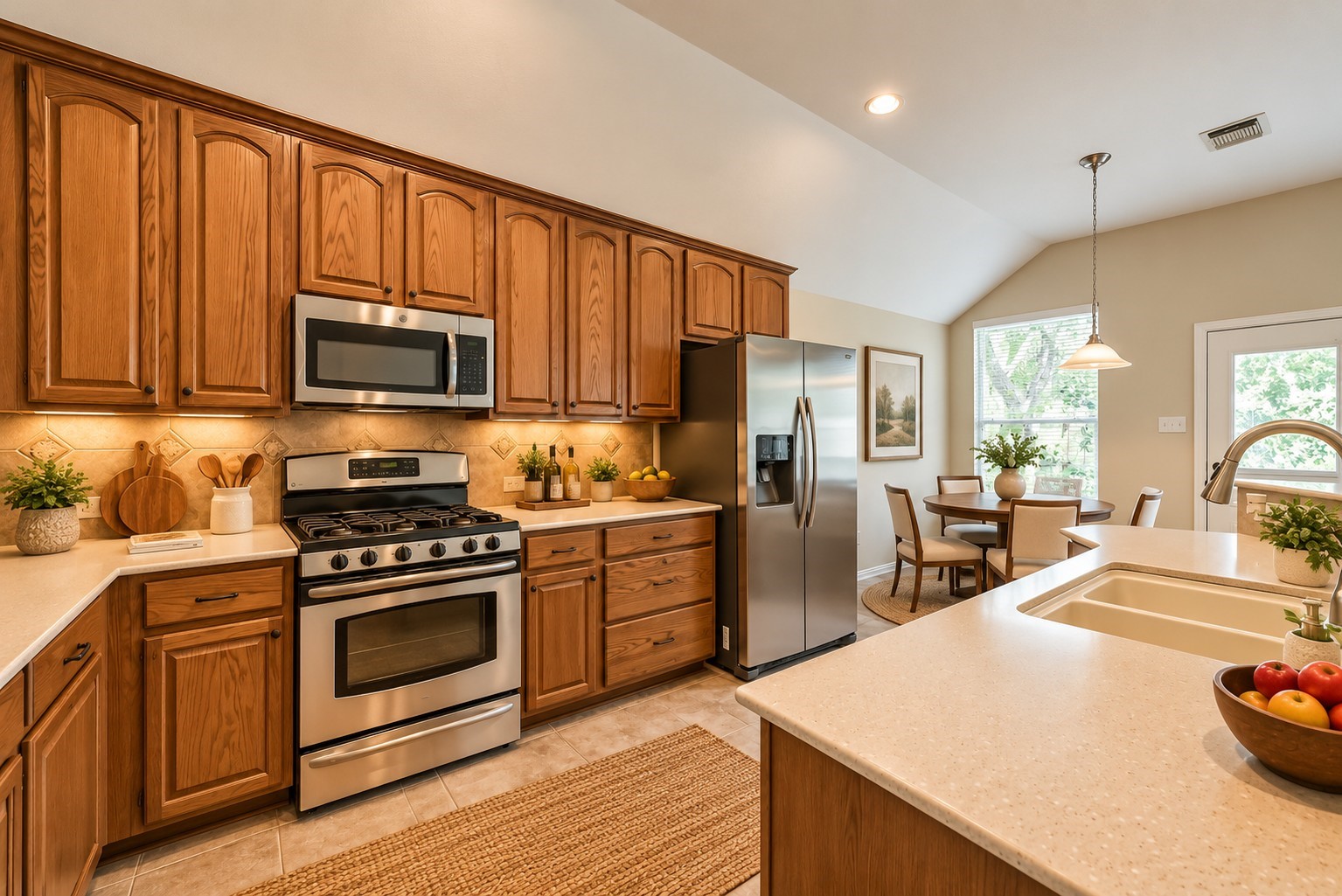 30910 Blue Ridge Park Lane Spring, TX 77386 - Photo 12 of 50 Experience the warmth of this stunning kitchen, virtually staged to perfection, featuring rich wooden cabinetry, modern stainless steel appliances, and a cozy breakfast nook bathed in natural light.