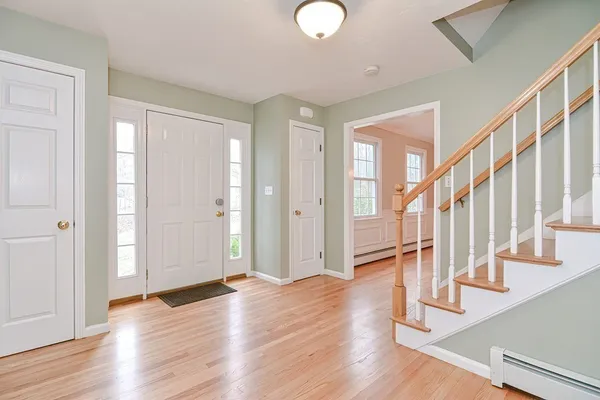 a view of an entryway with wooden floor and stairs