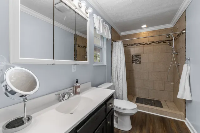 a bathroom with a sink toilet and shower