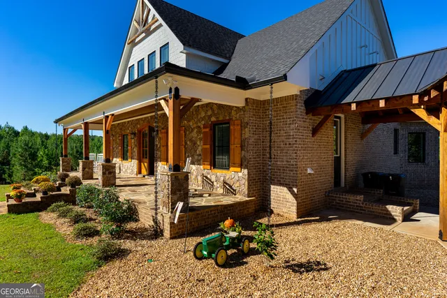 front view of a building with a patio