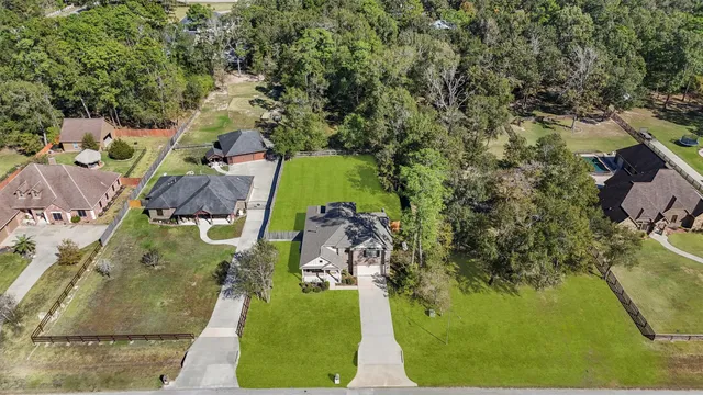 an aerial view of a swimming pool