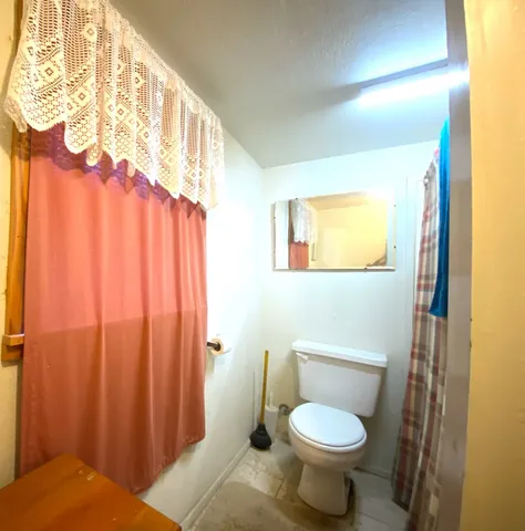 a bathroom with a toilet and a shower curtain