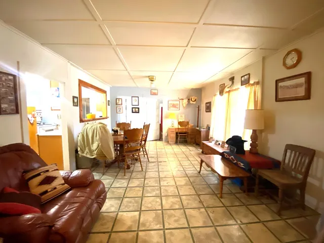 a living room with furniture and a dining table